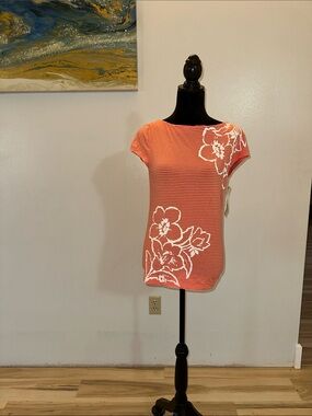 Jones New York Coral & White Striped Floral Cap-Sleeve Tee